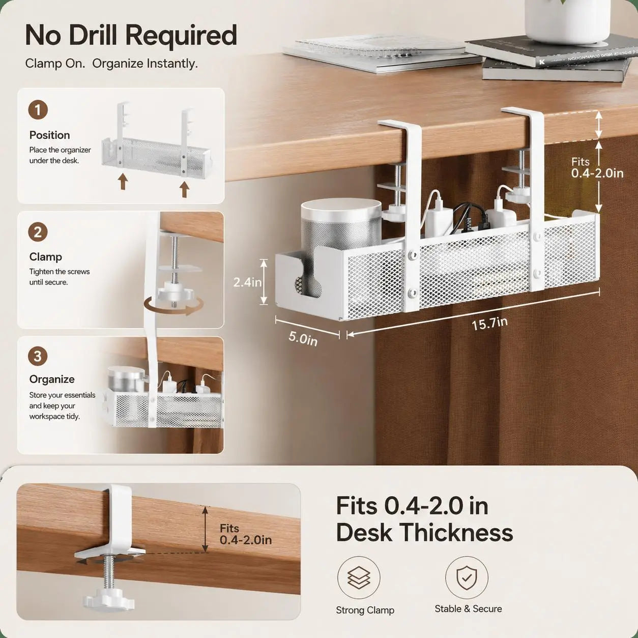 Clamp-Style Metal Cable Organizer for Under-Desk Use – No Drilling Required; Ideal for Home and Office, Efficiently Stores Power Strips and Cables While Enhancing Desktop Organization.
