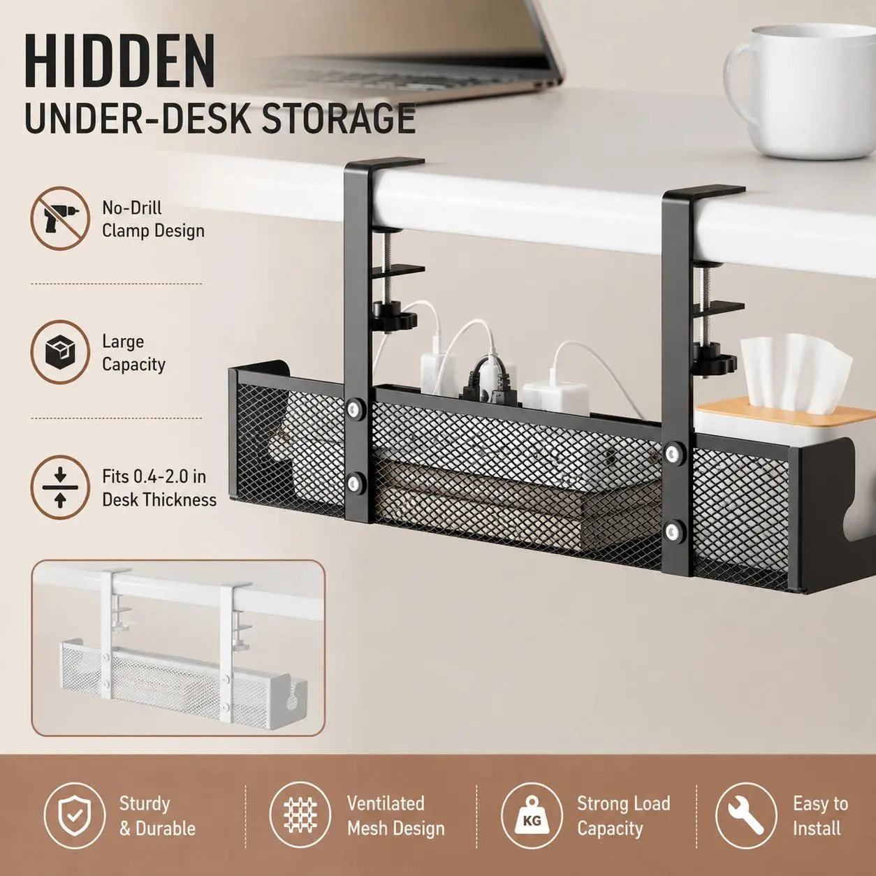 Clamp-Style Metal Cable Organizer for Under-Desk Use – No Drilling Required; Ideal for Home and Office, Efficiently Stores Power Strips and Cables While Enhancing Desktop Organization.