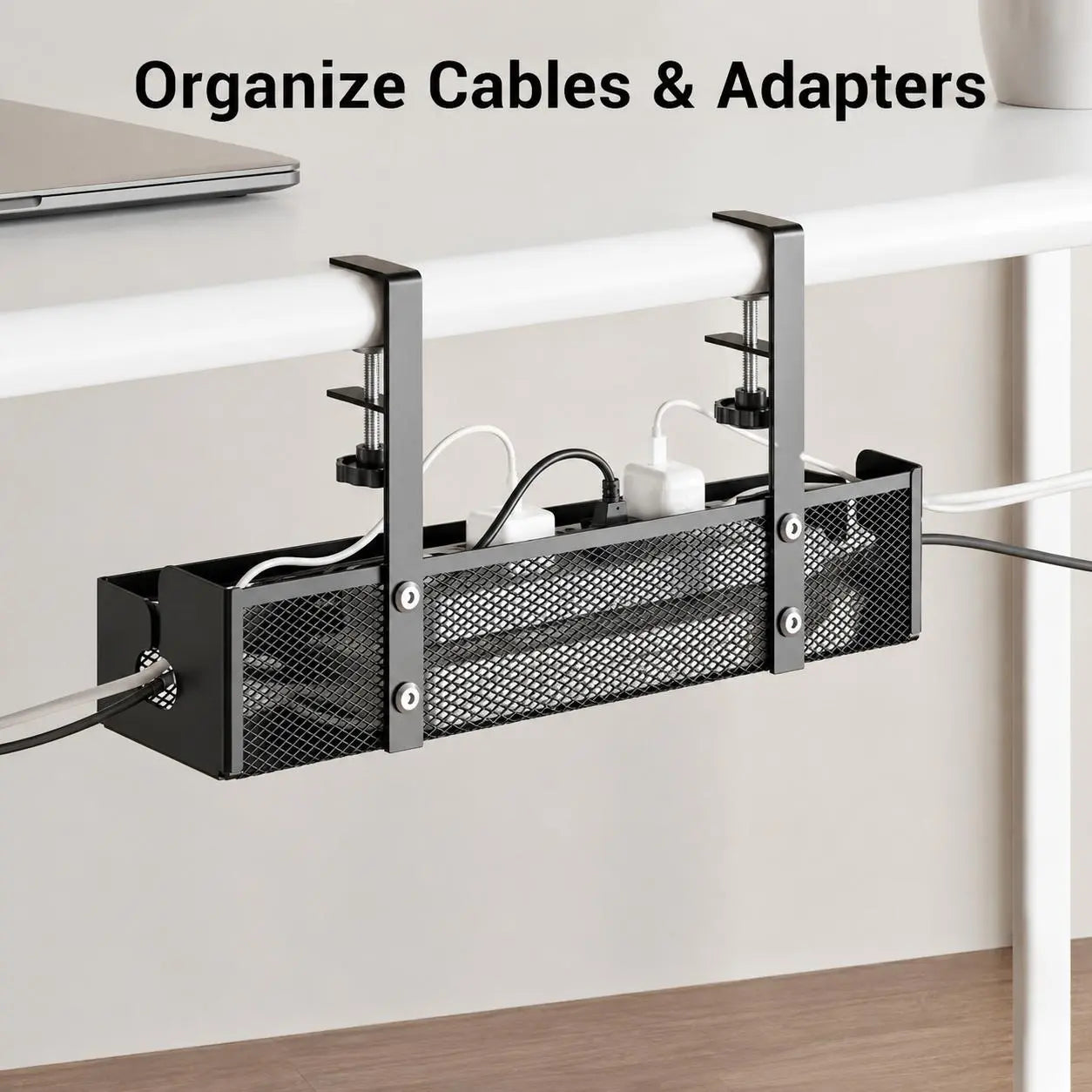 Clamp-Style Metal Cable Organizer for Under-Desk Use – No Drilling Required; Ideal for Home and Office, Efficiently Stores Power Strips and Cables While Enhancing Desktop Organization.