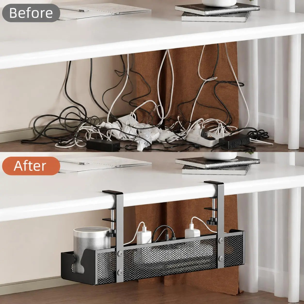 Clamp-Style Metal Cable Organizer for Under-Desk Use – No Drilling Required; Ideal for Home and Office, Efficiently Stores Power Strips and Cables While Enhancing Desktop Organization.