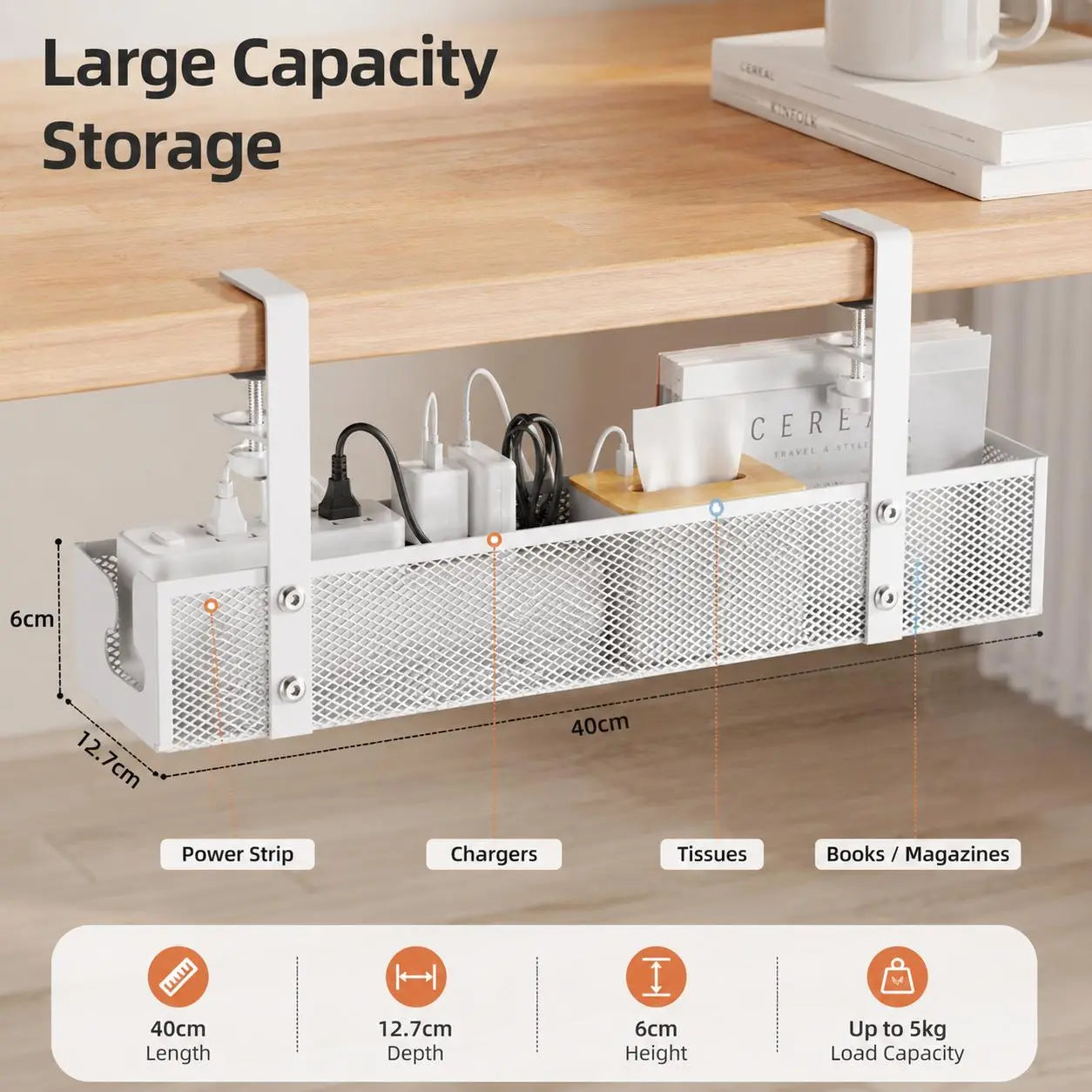 Clamp-Style Metal Cable Organizer for Under-Desk Use – No Drilling Required; Ideal for Home and Office, Efficiently Stores Power Strips and Cables While Enhancing Desktop Organization.