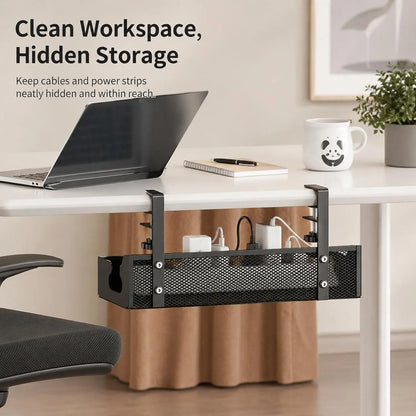 Clamp-Style Metal Cable Organizer for Under-Desk Use – No Drilling Required; Ideal for Home and Office, Efficiently Stores Power Strips and Cables While Enhancing Desktop Organization.