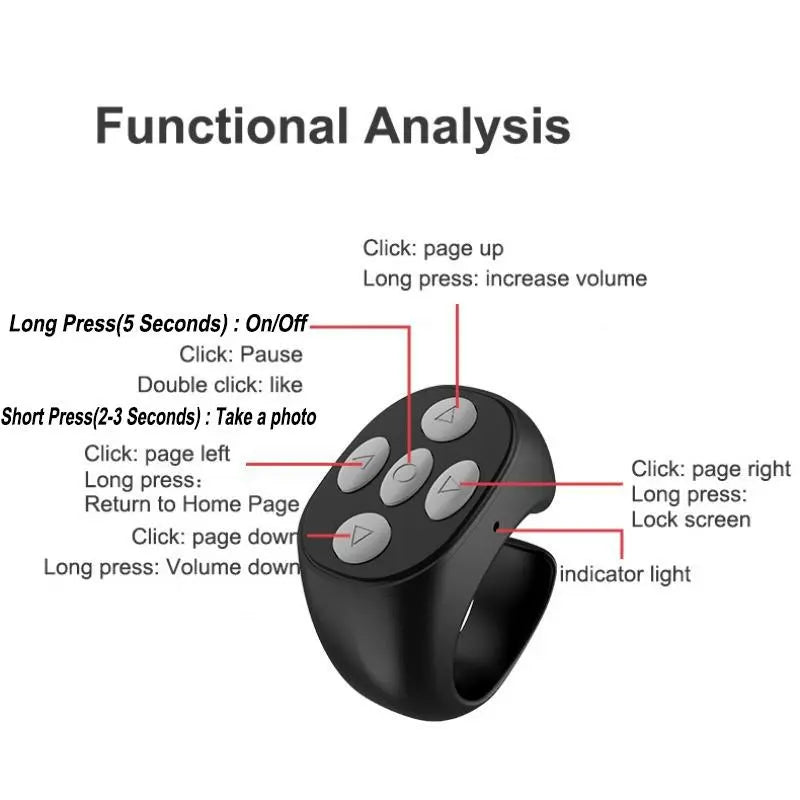 Wireless Remote Control Ring, Selfie Video Controller for Phone, Automatic Page Turner for Various APP, Selfie Accessories