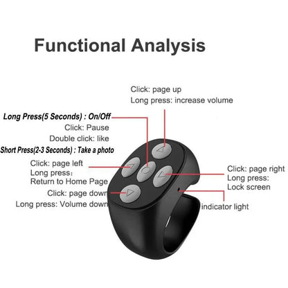 Wireless Remote Control Ring, Selfie Video Controller for Phone, Automatic Page Turner for Various APP, Selfie Accessories